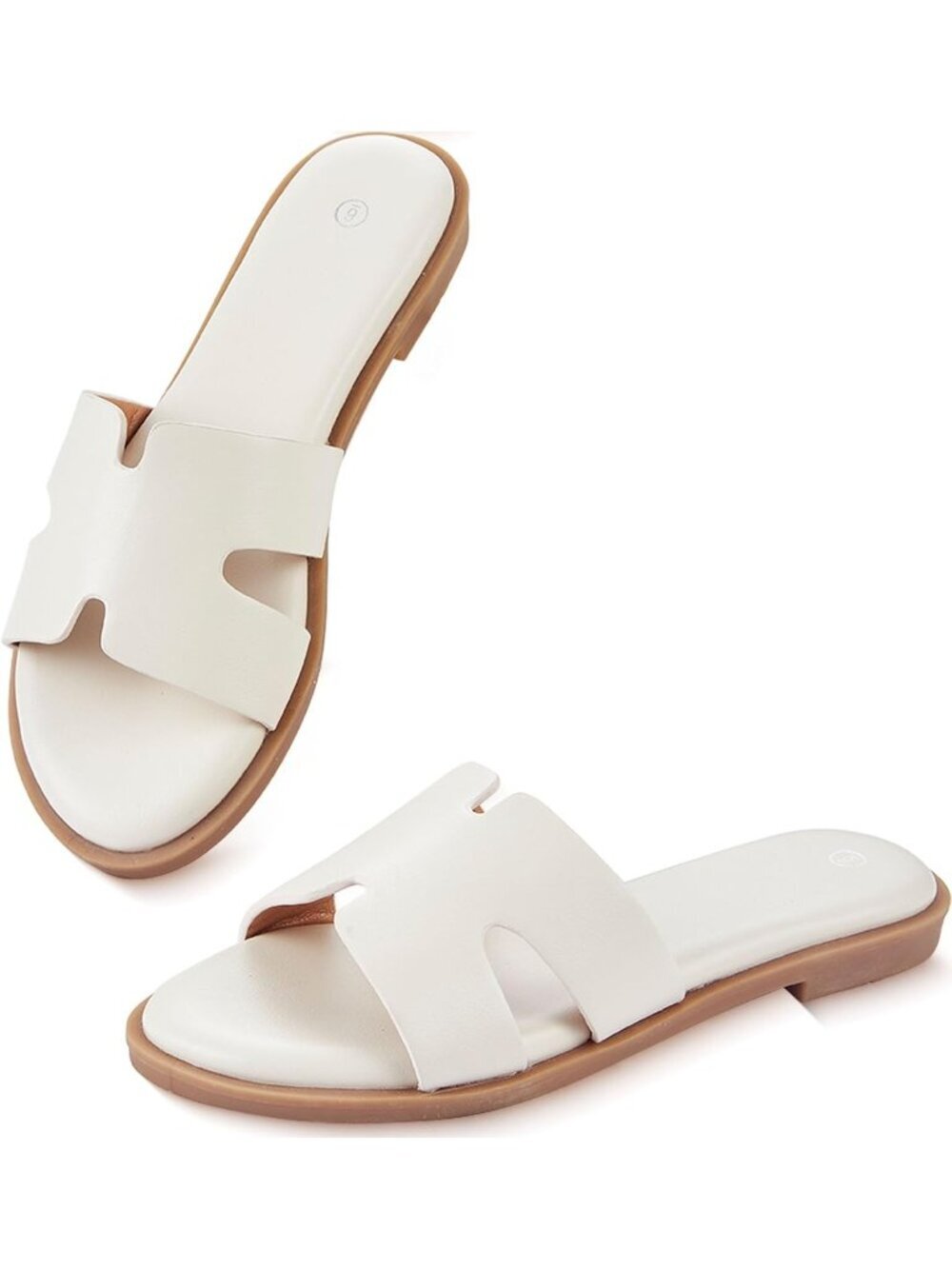 Women's White Flat Round Open Toe Slides Casual Comfortable Cute Slip On Sandals